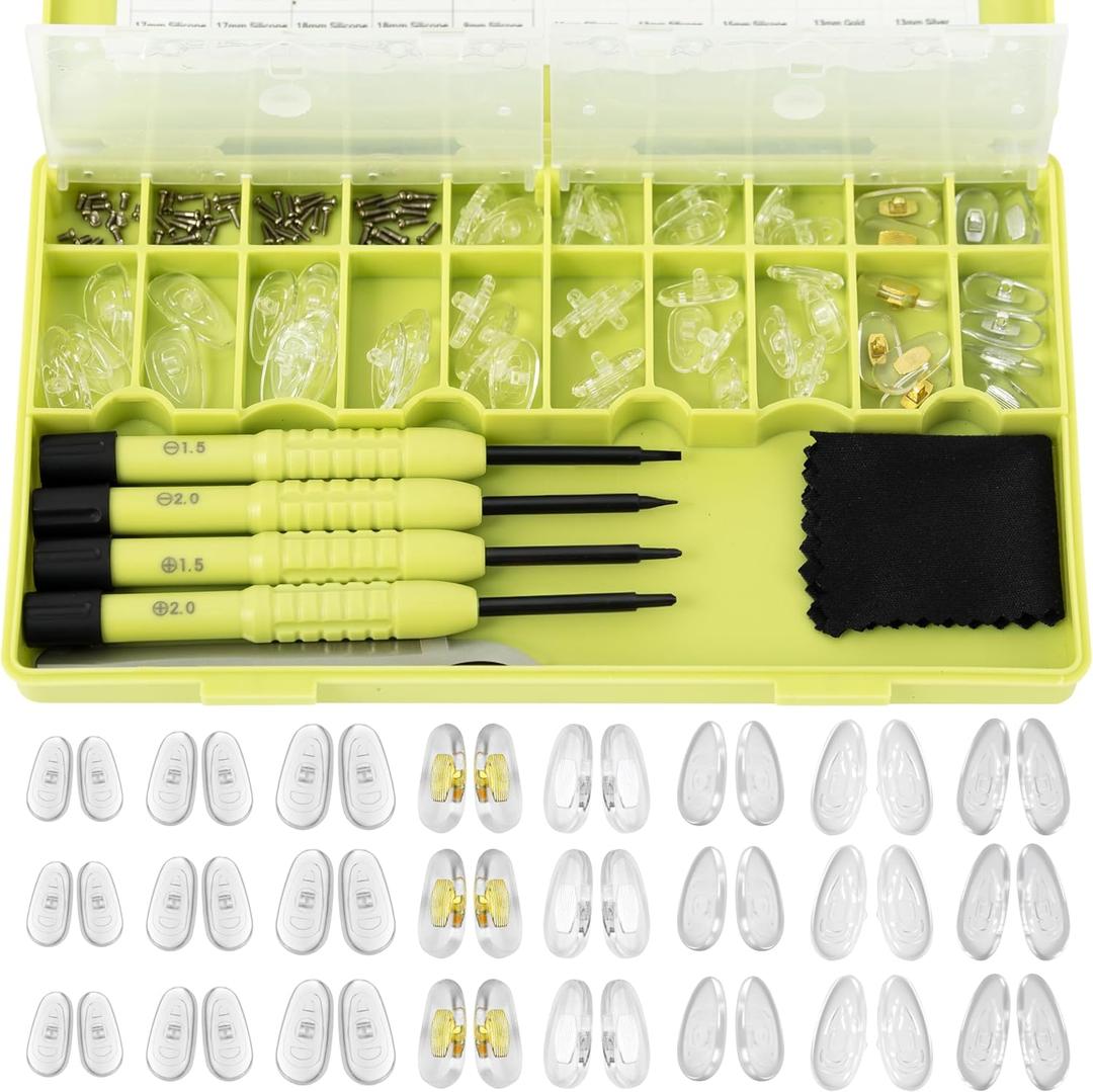 Eyeglass Nose Pads Replacement, 24 Pairs of Screw-in Glasses Nose Pads with Precision Screwdriver Set, Magnetic Eyeglass Repair Kit with Screws, Curved Tweezer for Travel, Birthday Gift, Christmas (Green)