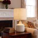 Ceramic Table Lamp, 17.75" Rustic Farmhouse Bedside Lamp with Beige Linen Shade, Warm Ambient Nightstand Lighting for Bedroom or Living Room, Off-White