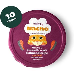 Made by Nacho Wet Cat Food, Sustainably-Caught Minced Salmon in Bone Broth for Hydration, Digestive Health, High Protein, 2.5 Ounce Cups (10 Pack) (EXP 07/12/26)