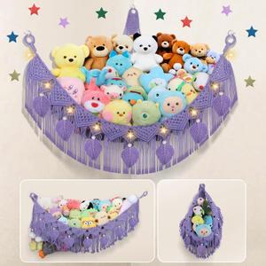 Stuffed Animal Hammock Corner - 56'' Jumbo Handcrafted 5mm Double Macrame Cord Stuffed Animal Storage Net - 100% Natural Cotton Toy Hammock Holder - Purple Stuffy Plushie Net w/LED Star Light (XX-Large Leaf Style)