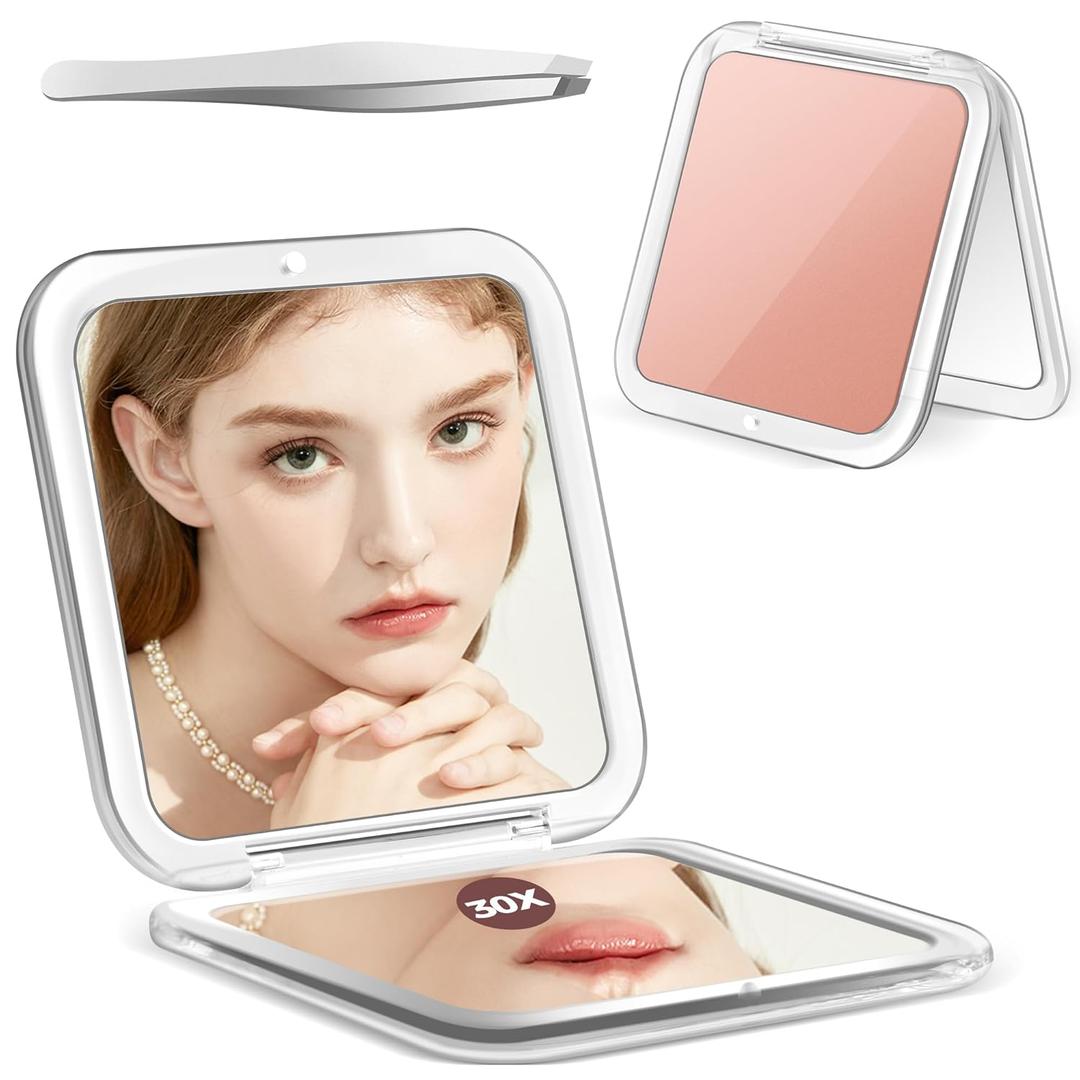 MIYADIVA Compact Mirror, 30X Magnifying Mirror, Pocket Mirror for Purse, Travel Makeup Mirror with 30X/1X Magnification, Travel Essentials Mirrors, Precision Tweezers, Present for Girls (Gold)