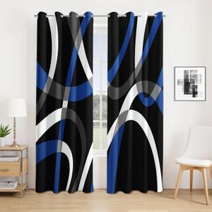 weesire Modern Blackout Curtains for Bedroom Living Room 2 Panels 100% Blackout Black and Blue Circle Pattern Curtains Abstract Stripe Curtains, 52x63 Inches