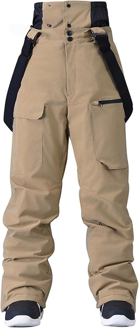 WOWULOVELY Womens Ski Pants Men Snowboard Pants Baggy Snow Bibs Pants Overall Waterproof Windproof Insulated Winter Sports (Large, Khaki)