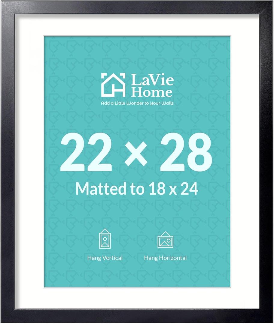22x28 Picture Frame Black Poster Frame,Display Pictures 18x24 with Mat or 22x28 Without Mat, Stable and Sturdy Frame and Polished Plexiglass, Horizontal and Vertical Format of The Walls
