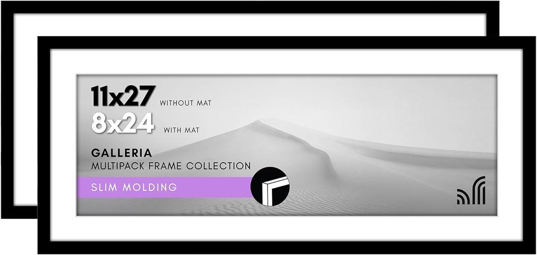 Americanflat 11x27 Picture Frame with Polished Plexiglass - Set of 2 - Use as 8x24 Frame with Mat or Display 11x27 Photo Without Mat - Galleria Collection - Picture Frames for Wall Display - Black