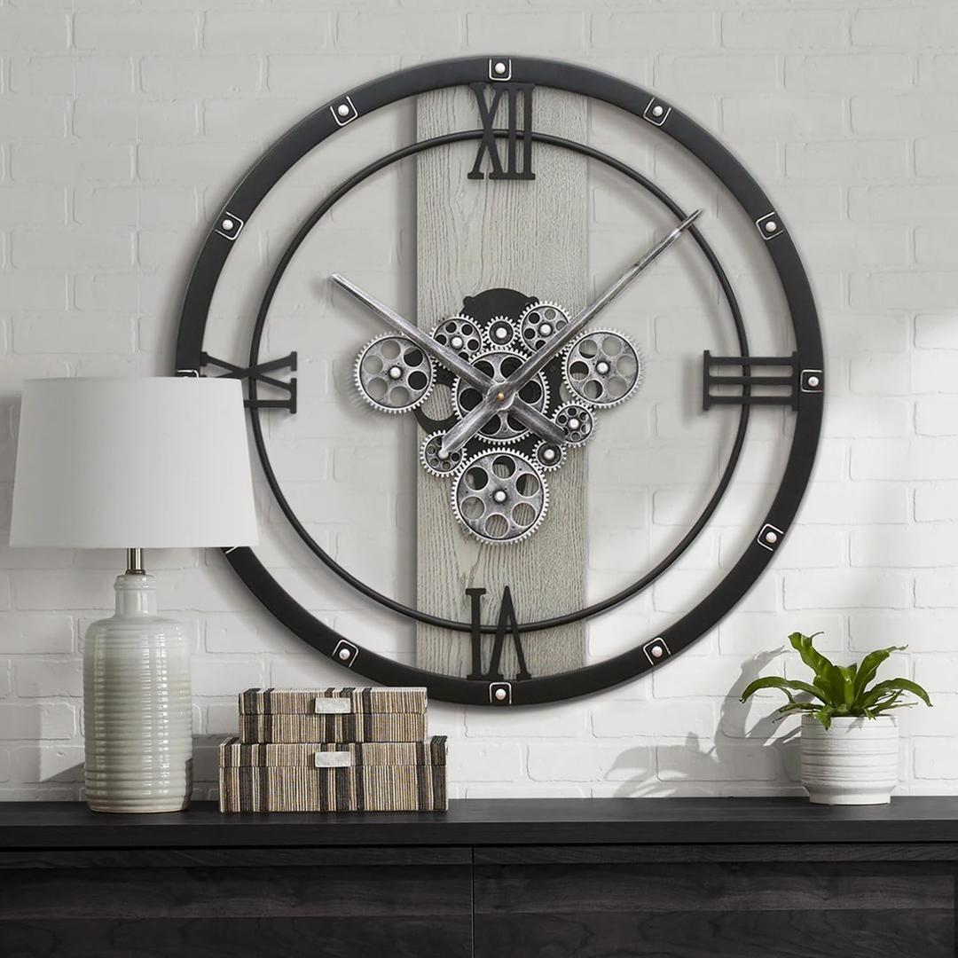 Micasso 24 inch Large Real Moving Gears Wall Clock, Oversized Vintage Solid Wood Farmhouse Silent Clock, Non-Ticking Battery Operated Wall Clocks for Office,Living Room,Kitchen. (24*24 Inch, Gray)