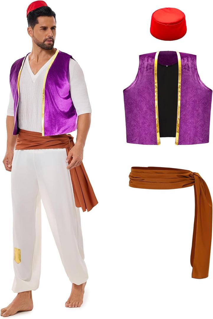 Funna Arabian Costume Men Adult Prince Dress Up 5 Piece Outfit with Vest, Hat, Shirt, Pants, Belt for Party Supplies, (Small, Purple)