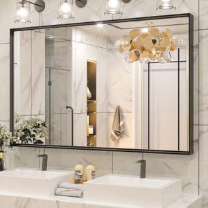 Keonjinn Black Framed Mirror for Bathroom 48 x 30 Inch Large Matte Black Bathroom Mirror Rectangle Wall Mirror Square Corner Metal Frame Farmhouse Bathroom Mirror for Over Sink(Horizontal/Vertical)