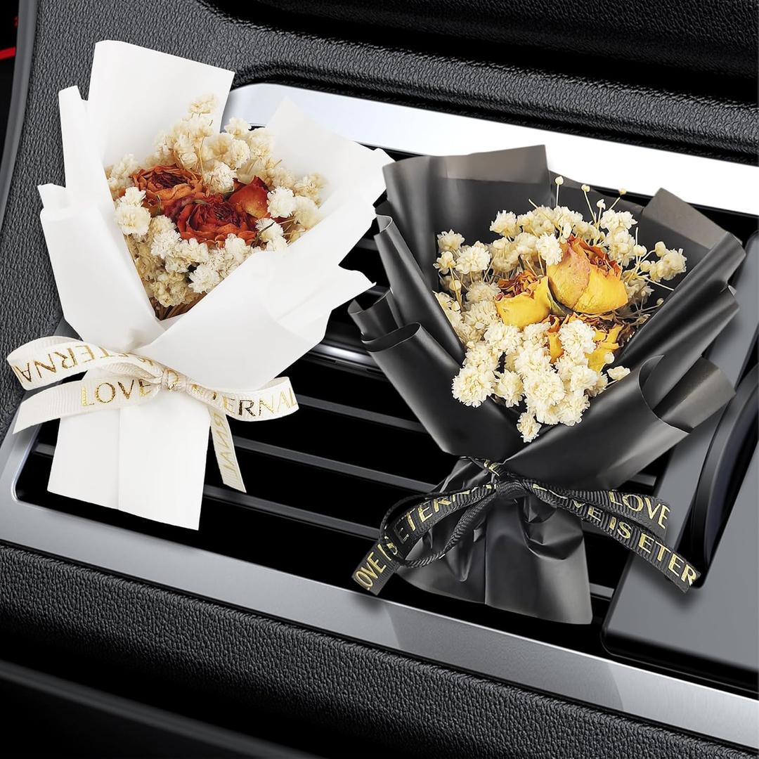 Mini Bouquet Flowers For Car 2pcs Dry Flower Car Vent Clips With 4pcs DIY Unscented Fragrance Pads For Girls Mother,Black & White