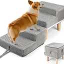 Hdnbsp Split Ottoman Dog Ramp, 4-Step Dog Stairs for Bed, Foldable Pet Steps for Small, Medium, Senior Dogs & Old Cats - Couch Height, Anti-Slip, Washable Cover, Storage Pocket, 135lb Capacity