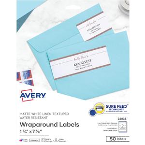 Avery Printable Wraparound Rectangle Labels, 7.85" x 1.75", Textured White, 50 Customizable Labels (22838)