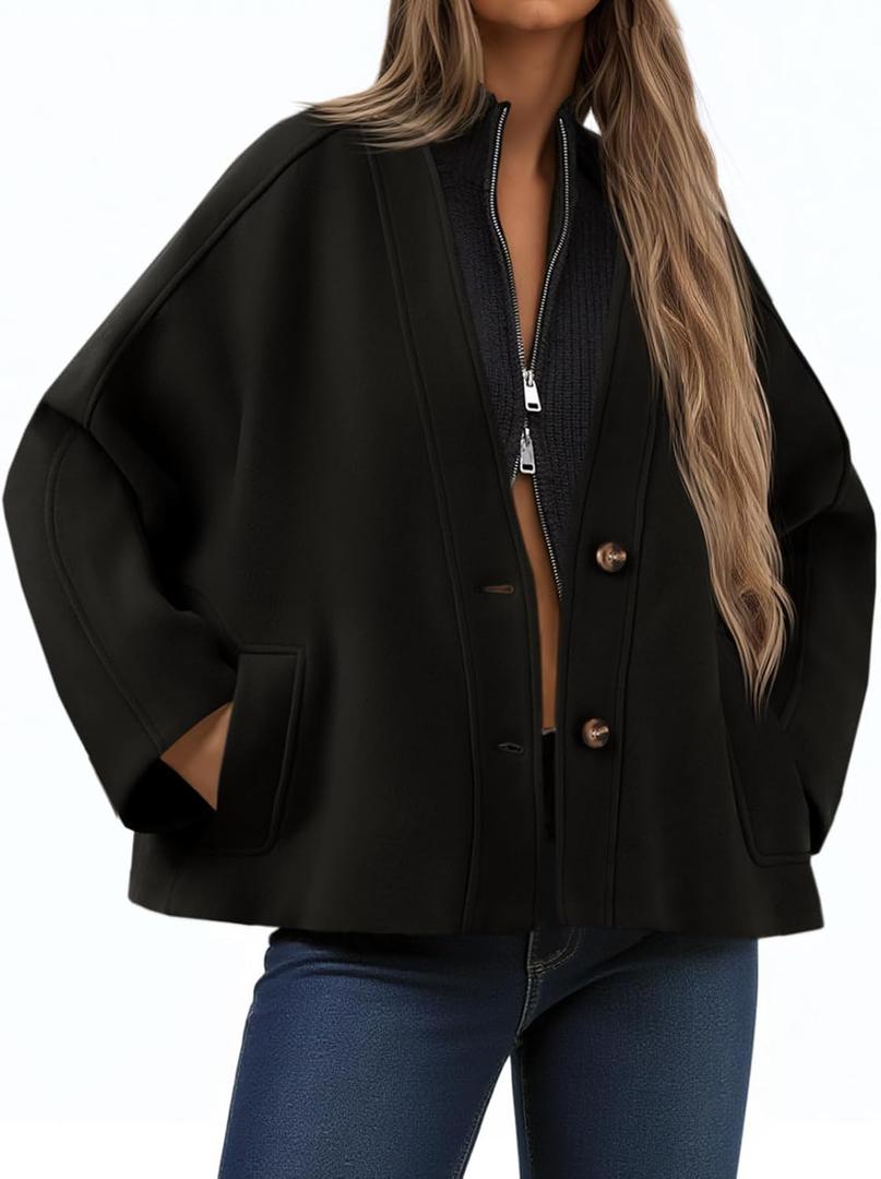 Yousify Womens Cropped Wool Blend Pea Coat Casual V Neck Button Down Short Jackets Fall Shackts with Pockets (Small, Black)