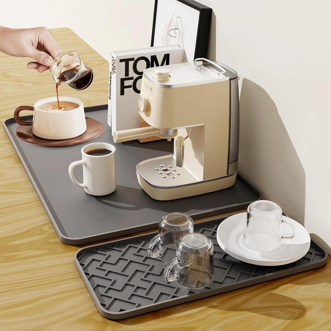 Silicone Coffee Maker Mat- Espresso coffee bar Mat accessories19"*12" for Countertops - Convex Design, Leak-Proof and Non-Slip, Suitable for Use Under the Coffee Machine to Keep the Countertop Clea (Gray)
