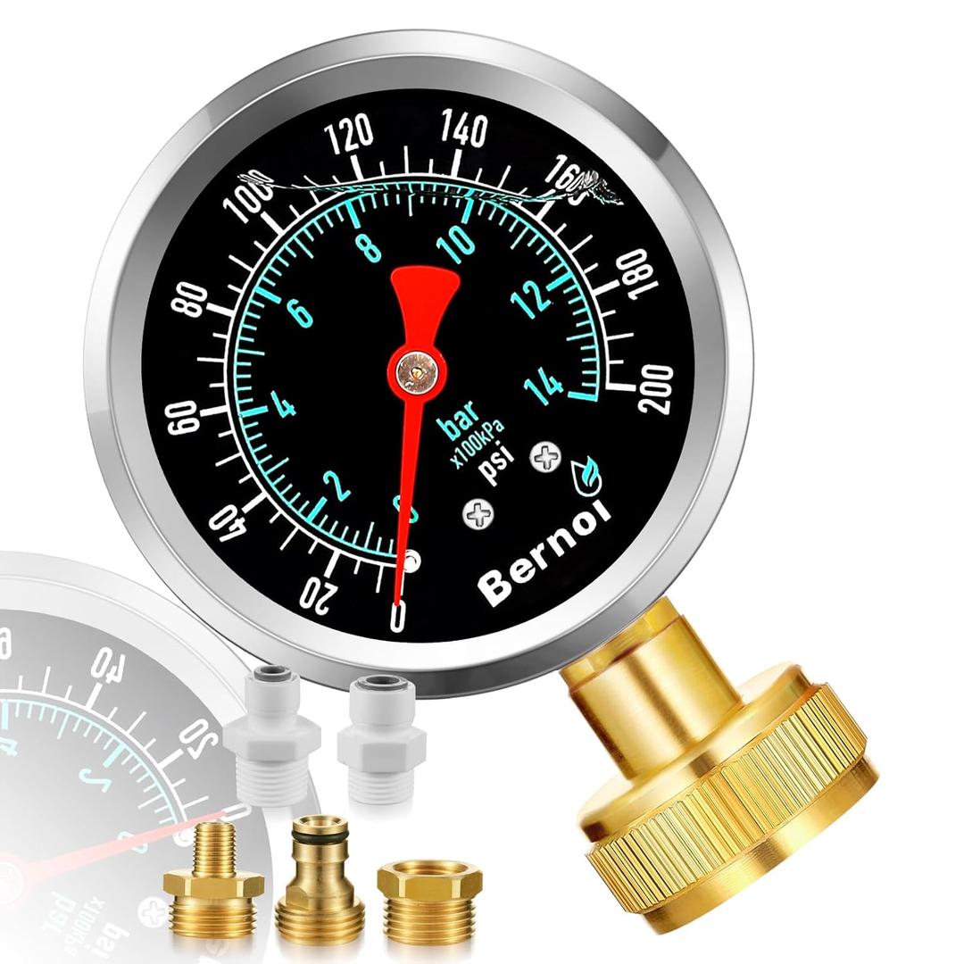0~200Psi Stainless Steel Frame 3/4" Female Liquid Filled Pressure Gauge kit Plus 5 adapters, Waterproof, 2.7" Dial Size Multi-Purpose Pressure Gauge Tester for House, Water Pipes, Gardens