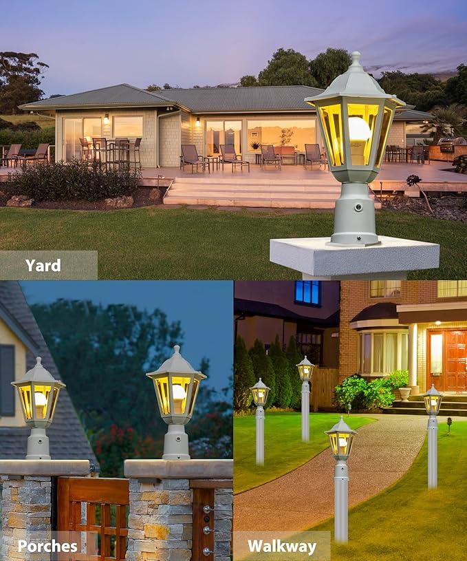 FUDESY Dusk to Dawn Outdoor Post Light, White Modern Exterior Post Lantern with Pier Mount Base, Plastic Waterproof Lamp Light Fixture for Garden Yard Patio Pathway, LED Bulb Included