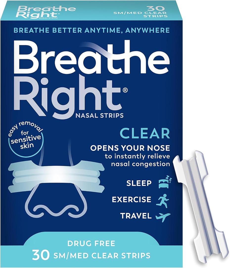 Breathe Right Original Nasal Strips Clear Sm/Med For Sensitive SkinDrug-Free Snoring Solution & Nasal Congestion Relief Caused by Colds & Allergies 30 Ct