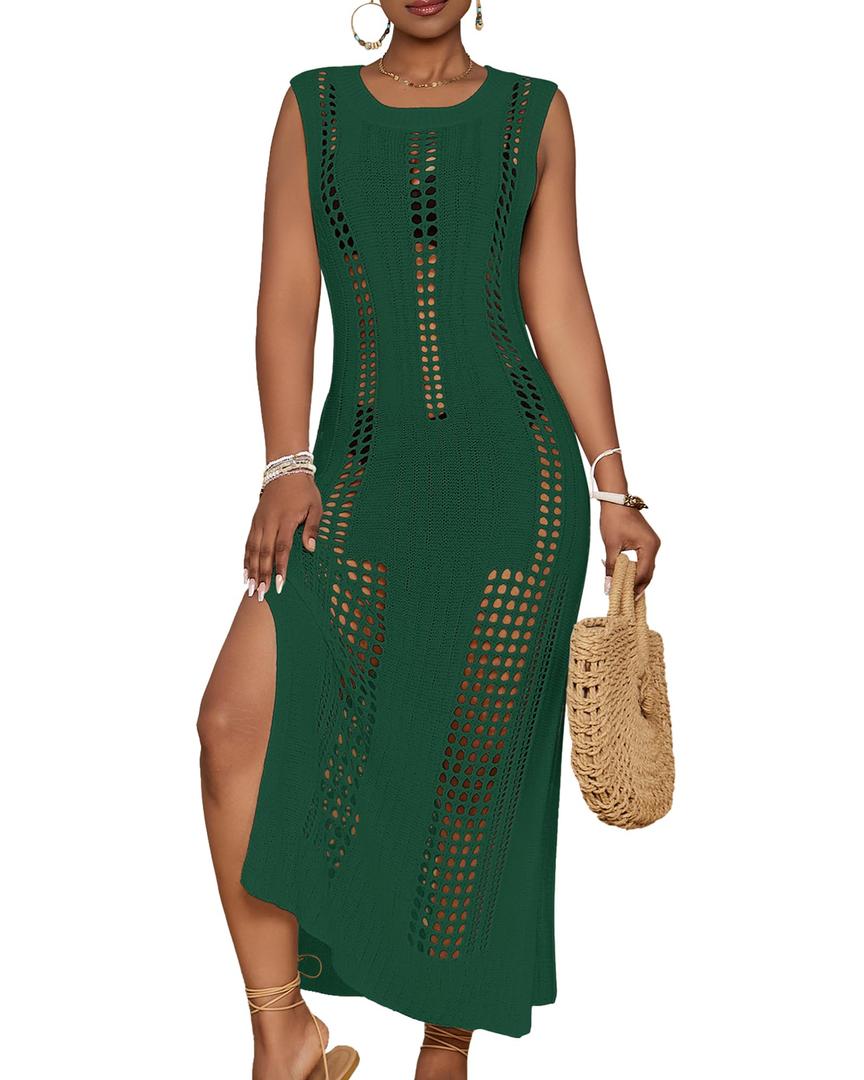 Bsubseach Crochet Beach Cover Ups for Women Sleeveles Swimsuit Coverups Hollow Out Summer Knit Bikini Beachwear Deep Green XL