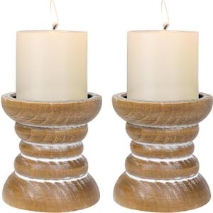 Candle Holder for Pillar Candle Set of 2, Farmhouse Wood Candle Holder, Rustic Wooden Candle Stand, Vintage Small Wooden Candlestick Holders for Living Room, Table Centerpiece, Brown