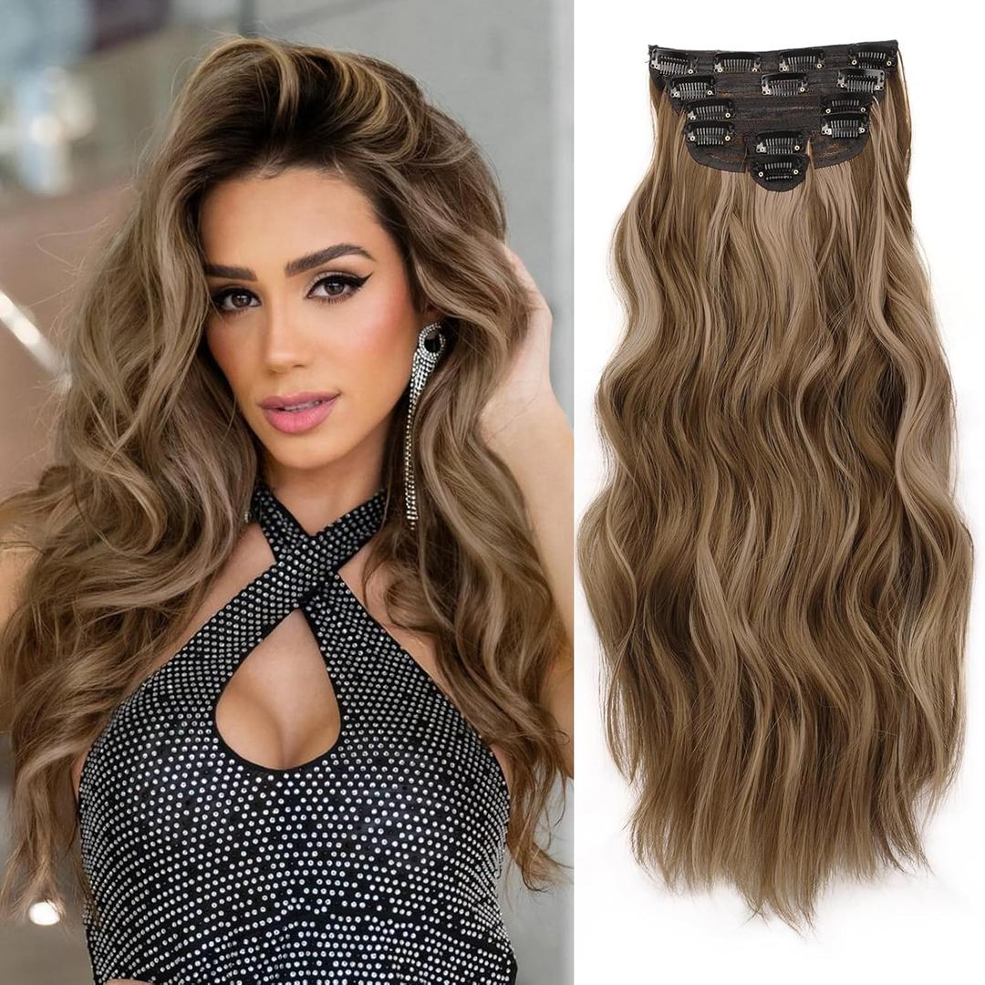 NAYOO Clip in Hair Extensions for Women 20 Inch Long Wavy Curly Brown Mix Blonde Hairpieces Full Head Synthetic Hairpieces (6PCS, Brown Mix Blonde)