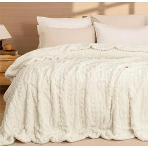 PHF Fluffy Sherpa Blanket Twin Size for Winter, Warm and Soft, 510GSM 3D Jacquard Thick Shaggy Fleece Plush Blanket for Sofa Bed, Cream, 60"x80"