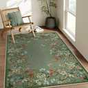Wonnitar Washable Area Rug 4x6, Green Floral Rugs for Living Room, Non-Slip Large Kitchen Throw Mat, Low-Pile Indoor Botanical Floor Carpet for Girls Bedroom Laundry Entrance (Green,4'x6')