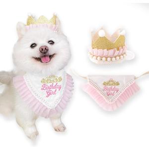 Princess Dog Crown Hat Scarf Set, Dog Birthday Hat Dress Outfit, Wedding Party Supplies for Girl Cats and Small Mini Dogs (GoldPearl)