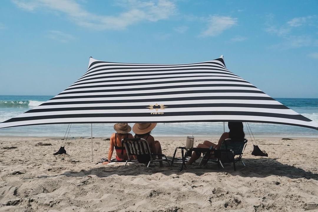 Neso Tents Grande Beach Tent, 7ft Tall, 9 x 9ft, Reinforced Corners and Cooler Pocket (Black/White Stripes)