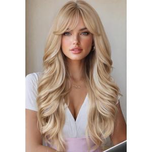 WIGER Long Wavy Hair With Bangs Flaxen Mix Blonde Curly Hair Synthetic Layered Wavy Wig for Women Daily or Costume Use Cosplay Party Wigs (10.43 x 7.99 x 2.76 in)