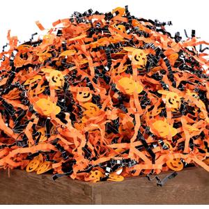 UNIQOOO 16oz Halloween Crinkle Cut Paper, Metallic Black Orange Shredded Paper Raffia Filler w/Pumpkin Confetti, Trick or Treat Candy Gift Basket Box Craft Bedding Cushion, Birthday Party Packaging