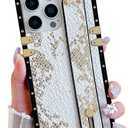 Compatible with iPhone 13 Pro Max Case Rectangle with Wrist Strap Kickstand Holder,Snake Skin PU Leather Luxury Designer Protective Phone Cover for Women Girls (White)