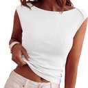 BTFBM Women's Ribbed Tank Tops 2026 Summer Cap Sleeve Boat Neck Slim Fitted Knit Basic Casual Tee Shirts Fashion Clothes(White, Medium)