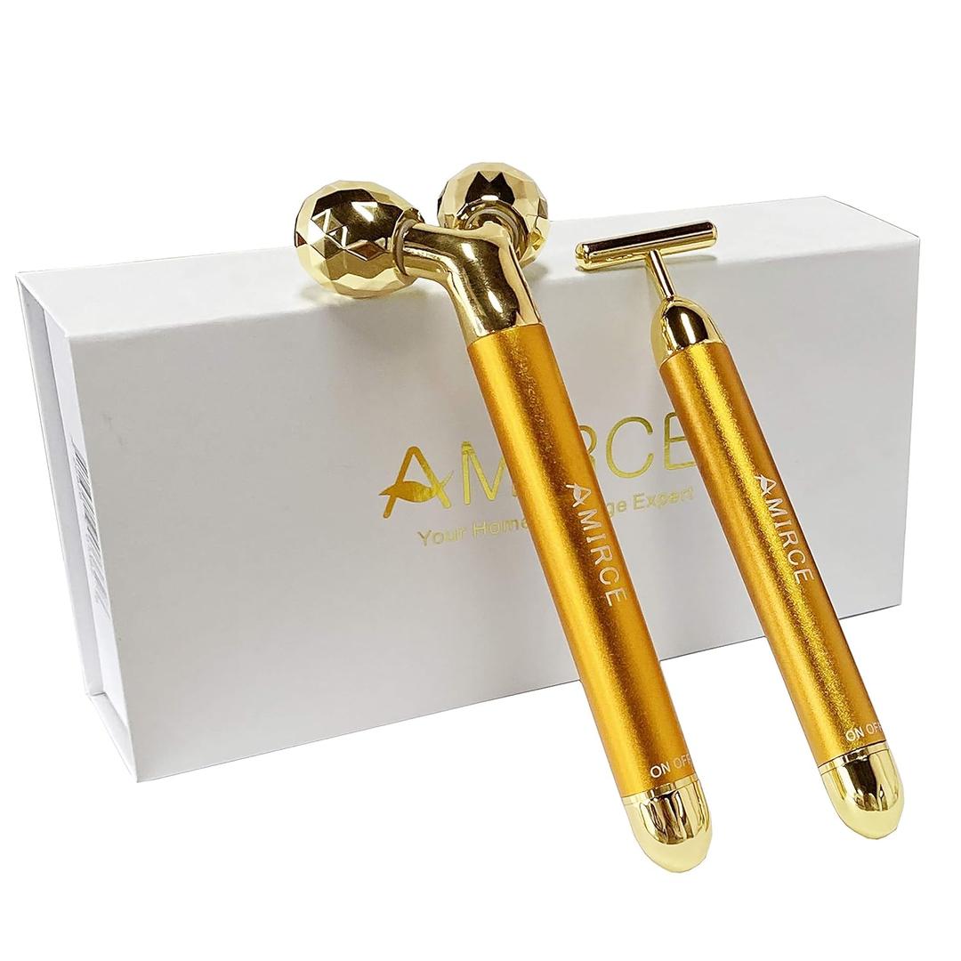 Amirce Face Massager Roller Golden 3D Roller Electric Facial Roller and T Shape Facial Roller Massager Kit Face Rollers