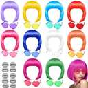 PLULON 10 Pcs Colorful Bob Wigs with Heart Plastic Sunglasses Hair Cap for Women, Costume Colorful Cosplay Wig Daily Party Hairpieces for Bachelorette Neon Party Favors, Halloween Decorations
