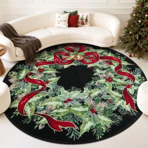 U'Artlines Christmas Washable Round Area Rug 6ft Bell Leaves Laundry Rug Runner Non Slip Soft Throw Rugs Carpet for Entryway Living Room Bedroom Black