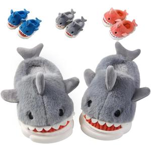 Fiedaz Boys Girls Shark Slippers for Toddler Kids - Cute Plush Warm Non-Slip Indoor Bedroom Winter Shoes (1-1.5 Big Kid, Half Heel Grey)
