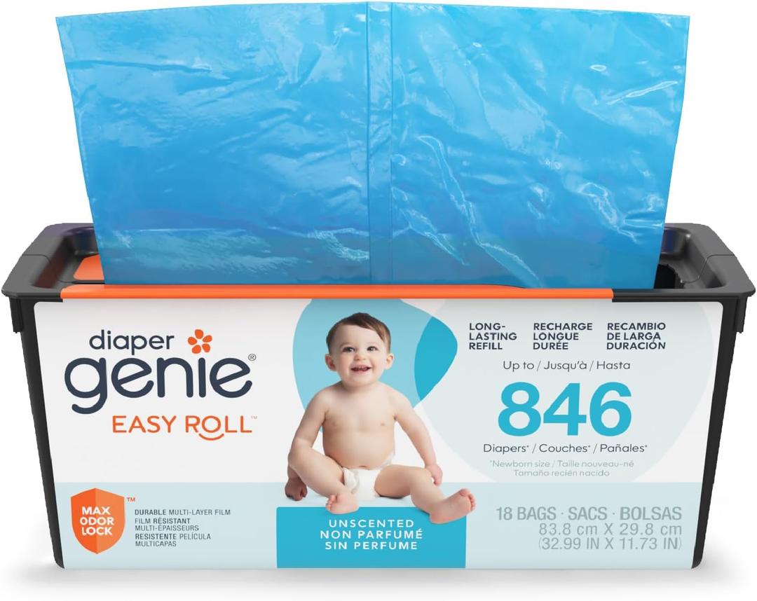 Diaper Genie Easy Roll Refill | 18 Bags Per Refill | Holds Up to 846 Newborn Diapers | Odor Control | Diaper Pail Refill Bags | Fits Diaper Genie Signature & Platinum Pails, Packaging may vary (Unscented)