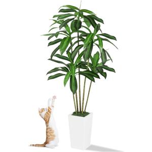 Artificial Dracaena Trees Indoor, 6FT Tall Fake Plant Faux Tree with White Tall Planter, Floor Plants in Pot with Trunk and Lifelike Leaves for Housewarming/Home & Office Decor