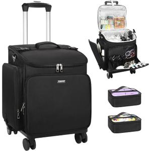 Relavel Rolling Makeup Case, Hair Tools Travel Bag Cosmetology Case on Wheels with 2 Clear Bags, Professional Hairstylist Bag Makeup Artist Storage Train Case Barber Organizer with 360 Spinner Wheels