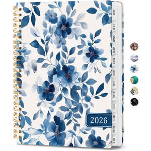 2026 Planner, Weekly and Monthly Planner for Women, January 2026 - December 2026, Hardcover 2026 Calendar Planner Book with Tabs, Inner Pocket, Spiral Bound, Perfect for Office Home School Supplies - A5 (6.3" x 8.5"), Blue Flower
