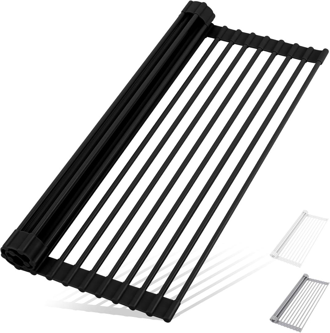 Roll Up Dish Drying Rack Over The Sink Kitchen Roll Up Sink Drying Rack Multipurpose Foldable Sink Drying Mat, Heat-Resistant, Anti-Slip & Anti-Rust Dish Rack for Kitchen, 17" x 13", Black