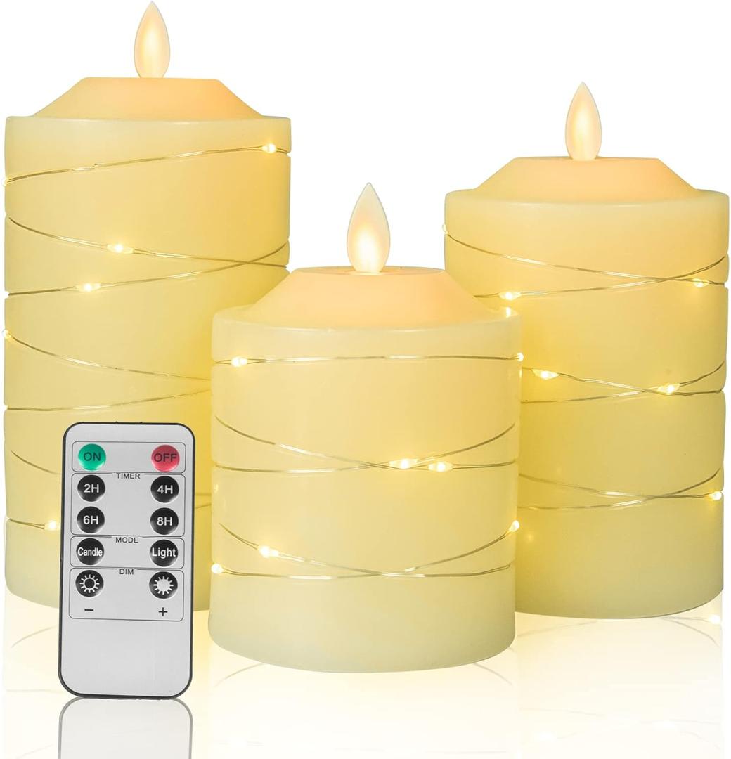 Battery Operated Flameless LED Candles: with Embedded String Lights, 3 Pack Flickering Electric Candle with 10-Key Remote Control for Seasonal Festival Celebration Real Wax(Batteries not Included)