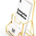 Gold Glass Brochure Holder for 4 Inch Wide Trifold Handouts, Countertop Clear Literature Pamphlet Holder Flyer Display Stand with Business Card Holders for Magazines, Booklets, Menu, Journals