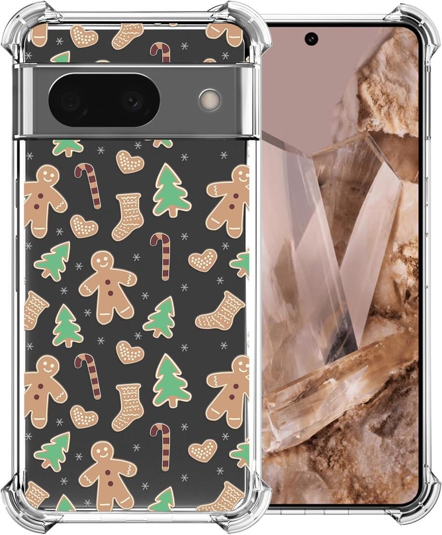 Christmas Phone Case for Google Pixel 8A - Clear Transparent Soft TPU Protective Cover with Xmas Gingerbread Man Pattern, Shockproof Cute Case for Boys Girls (6.1 Inch)