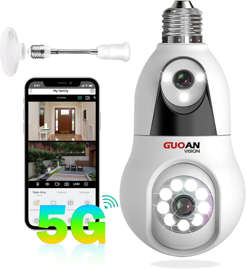 5G& 2.4G Light Bulb Security Camera, 6MP Dual Lens WiFi Wireless Light Socket Cameras for Indoor, Bedroom, Color Night Vision, Motion Tracking, Audible Alarm, Compatible with Alexa, SD/Cloud