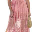 LRISES Womens V Neck Floral Embroidered Lace Wedding Maxi Dress Boho Short Sleeve Slit Bridesmaid Evening Party Dresses (Medium, Pink)