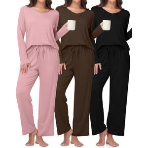 3 x 3 Pack Women's Pajama Set Long Sleeve Pajamas Top and Pants Soft V Neck Lightweight Pjs Set Comfy Loungewear Summer (Black, Pink, Brown, L)