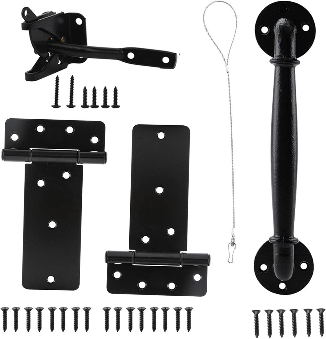 HOME MASTER HARDWARE Wood Gate Hardware Set - Heavy Duty 6in T Hinge & Self-Locking Gate Latch & Industrial Pipe Door Pull Handle 10 Inch with Screws for Outdoor Fence Swing Gate Black Finish