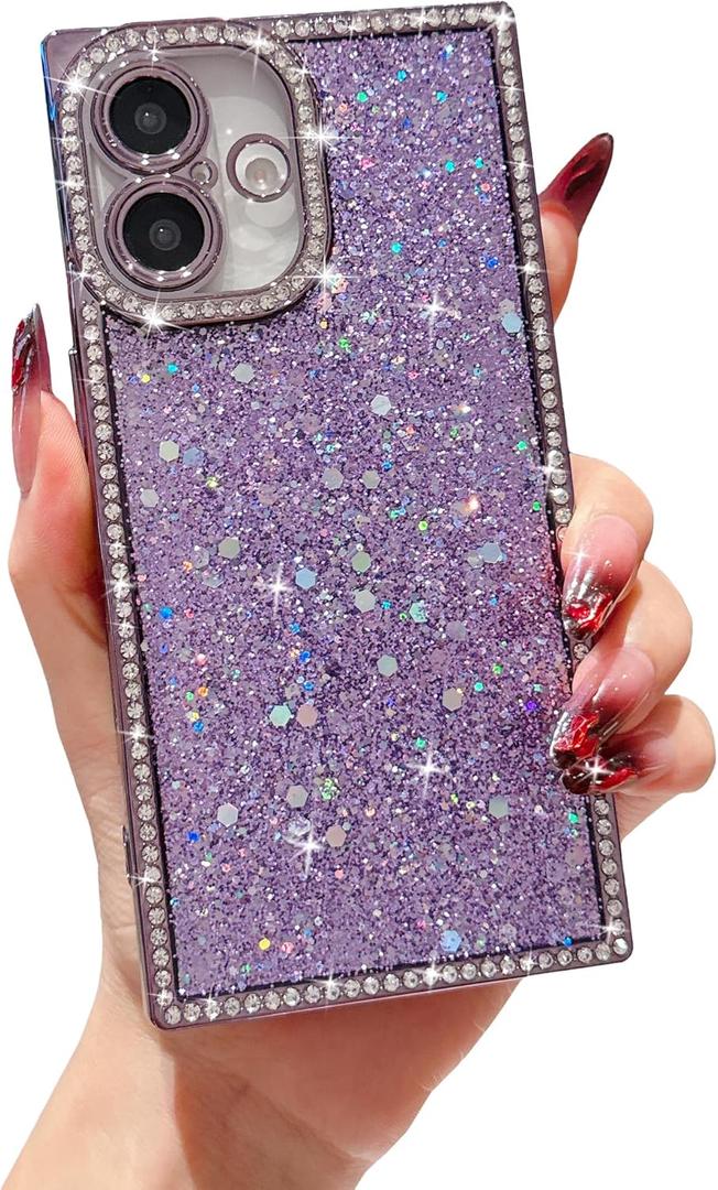 Owncase for iPhone 16 Case Glitter, Crystal Diamonds Shiny Bling Sparkly Electroplated Edge Shockproof Soft TPU Bumper Phone Case for Women Girls, Purple