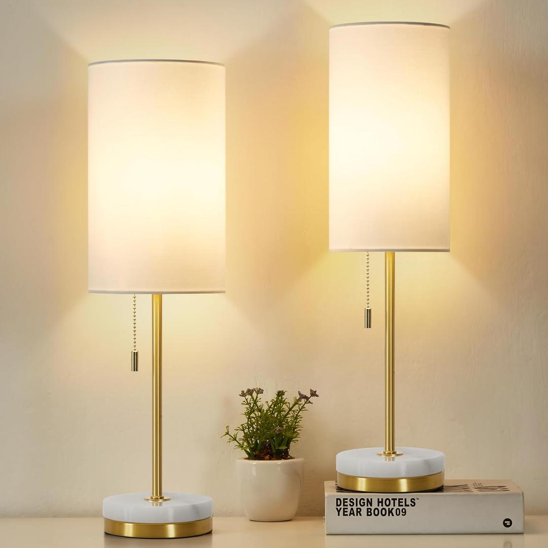 Desk Lamp & Table Lamp Set of 2, Bedside Lamps for Night Stands - Modern Small Table Lamps with Marble Base, Fabric Shade, Mini Pull Chain Bedroom Lamps for Living Room, Office, Reading (Gold)