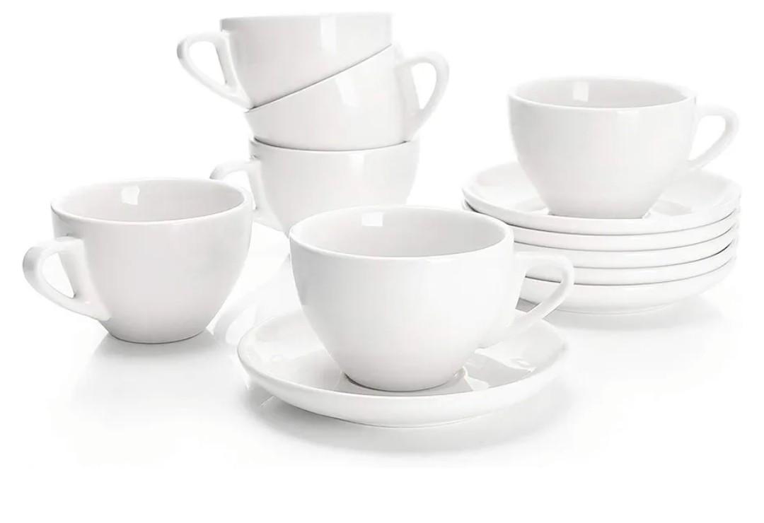 Sweese 4 Ounce Cappuccino Cups with Saucers, Porcelain Double Espresso Cups Set of 4, White